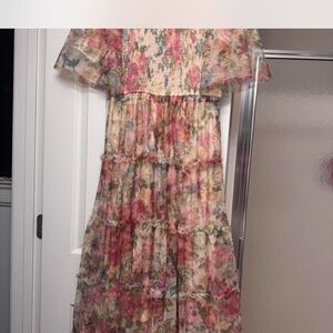 Floral Tulle Tiered Maxi Dress Pink Modest Bridesmaid Prom Formal Smocked Formal